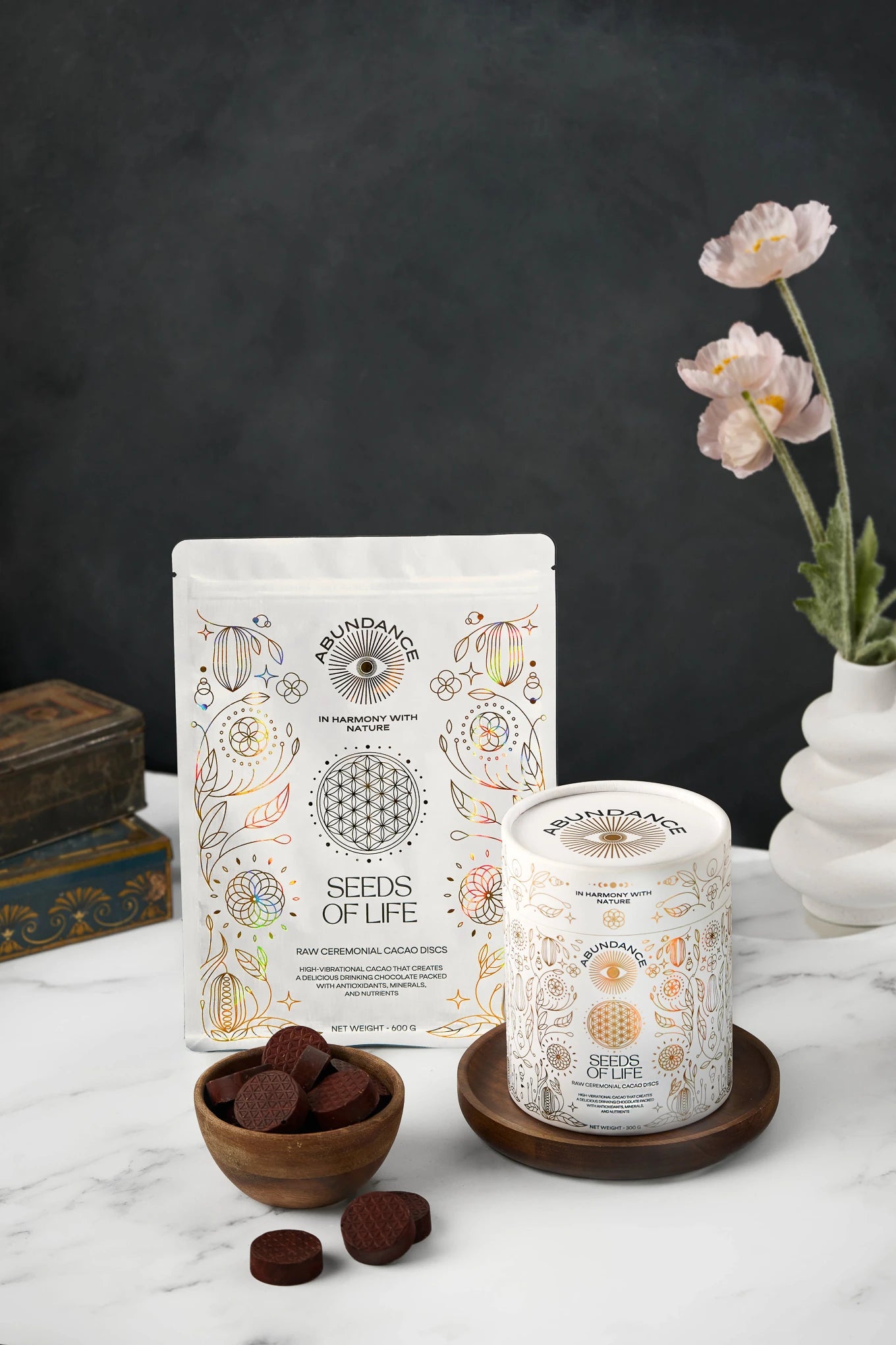 My Store Ceremonial Cacao Seeds of Life Discs - Tin 300g